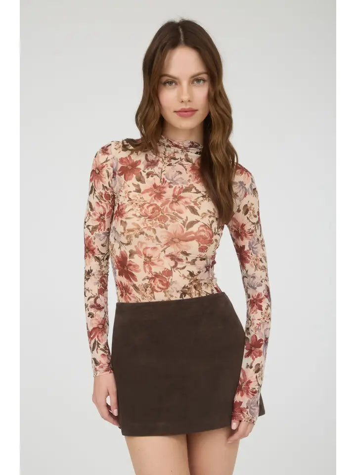 Delta II Floral Semi-Sheer Long Sleeve Mesh Top