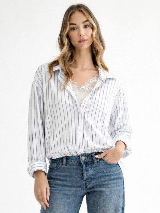 Ryellie Bling Button Front Pinstripe Bubble Shirt