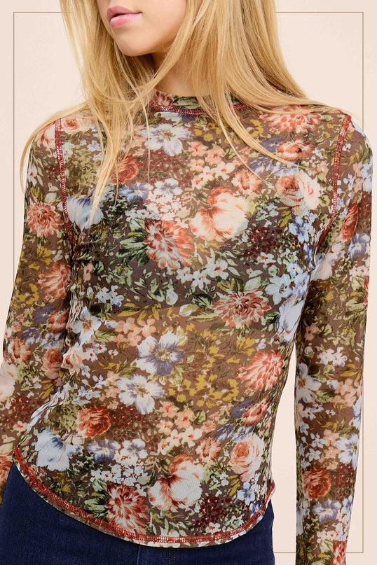 Delta Semi-Sheer Floral Long Sleeve Mesh Top