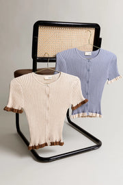 Maddyx Button Down Ruffle Ribbed Knit Top