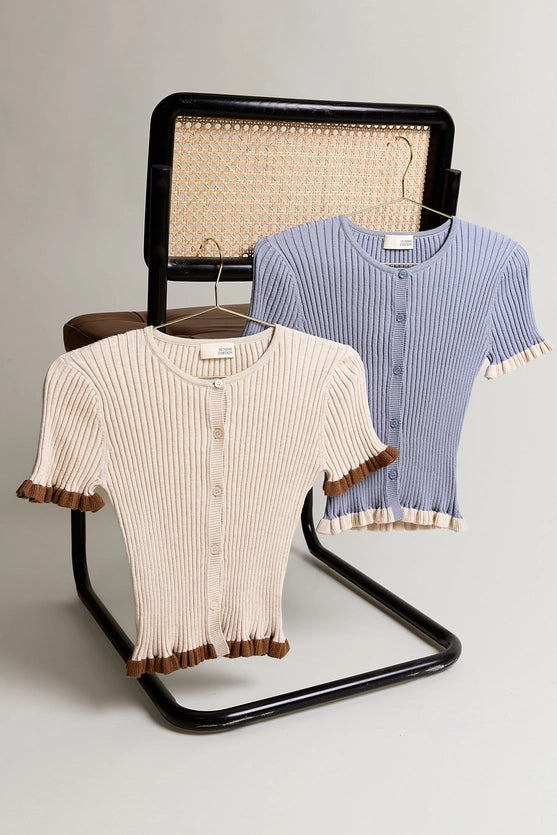 Maddyx Button Down Ruffle Ribbed Knit Top