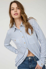 Toni Stripe Collared Long Sleeve Button Down Knit Shirt Blouse