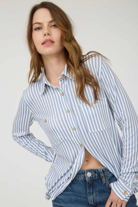 Toni Stripe Collared Long Sleeve Button Down Knit Shirt Blouse