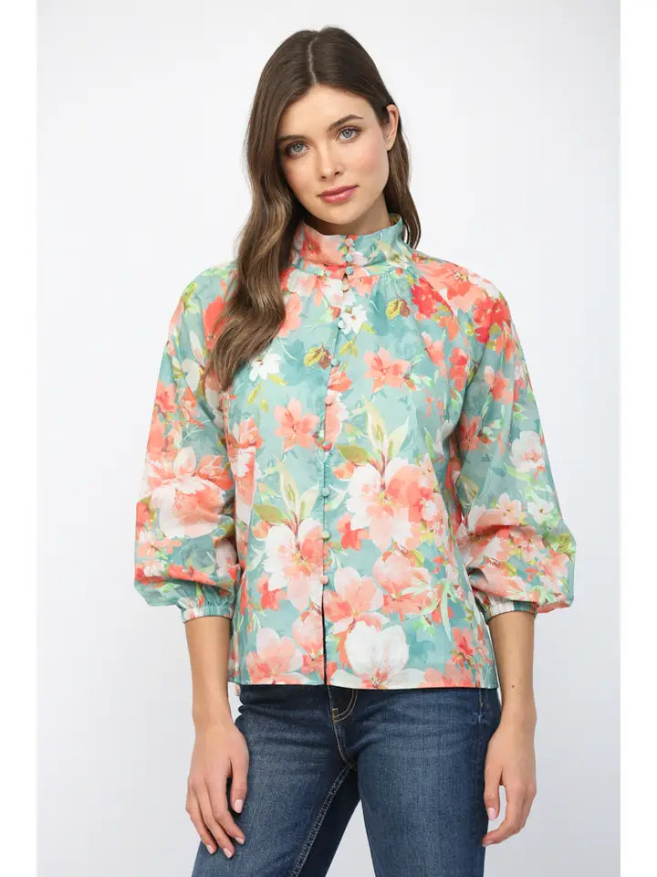 Evangelina Long Sleeve Button Front High Mock Neck Floral Print Blouse Top