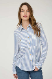 Toni Stripe Collared Long Sleeve Button Down Knit Shirt Blouse