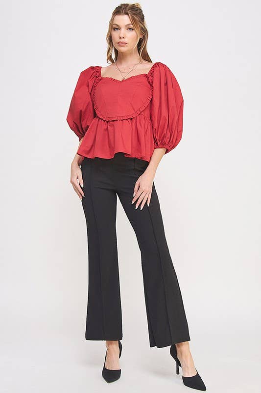 HEART SHAPED BUST 1/2 PUFF SLEEVE PEPLUM TOP: TOMATO RED / M