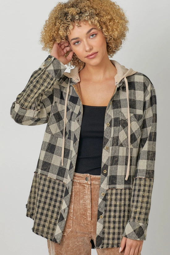 Treva Checked Plaid Mix Hooded Shacket Shirt