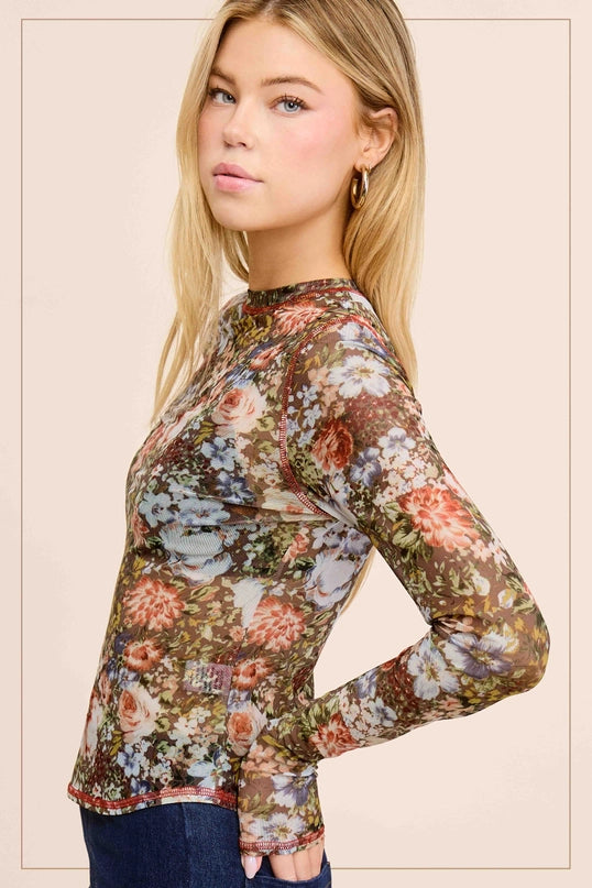 Delta Semi-Sheer Floral Long Sleeve Mesh Top