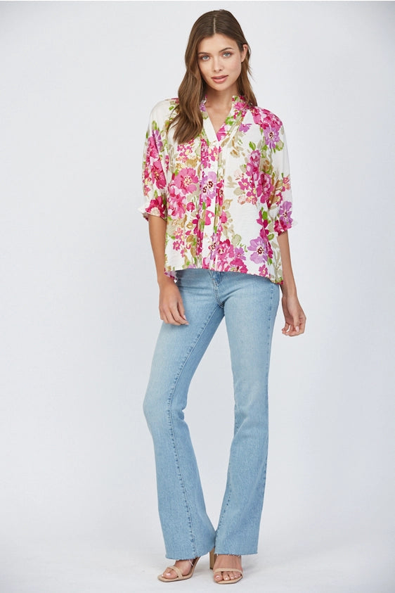 Painted Gardens Floral Print Button Placket Blouse Top
