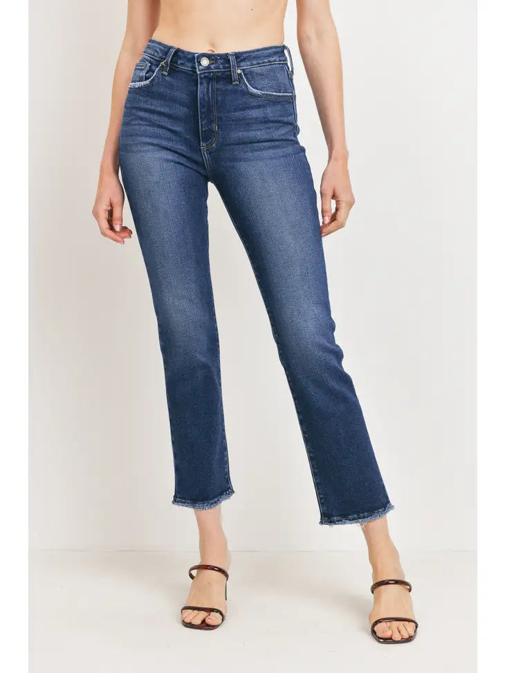 High Rise Classic Straight Denim Crop Jean with Distressed Hem