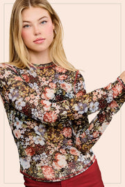 Delta Semi-Sheer Floral Long Sleeve Mesh Top