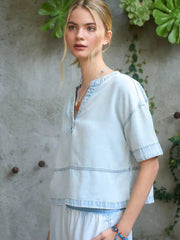 Emery Split Neckline Washed Denim Top