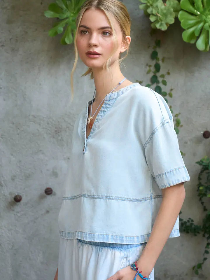 Emery Split Neckline Washed Denim Top