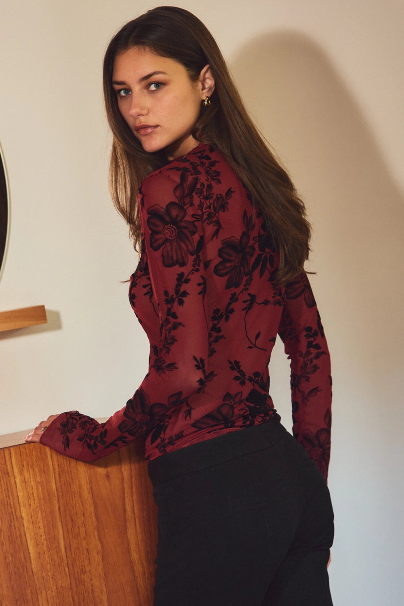 Flocked Floral Burnout Velvet Floral Mesh Mock Neck Fitted Long Sleeve Top