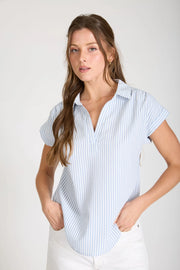 Penni Stripe Collared V-Neck Cuff Short Sleeve Top