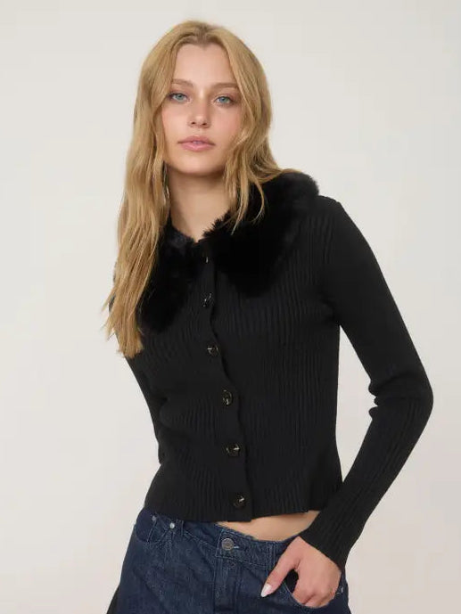 Minkie Faux Fur Collar Button Down Knit Sweater