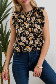 Christy Sleeveless Ruffle Trim Floral Print Satin Blouse