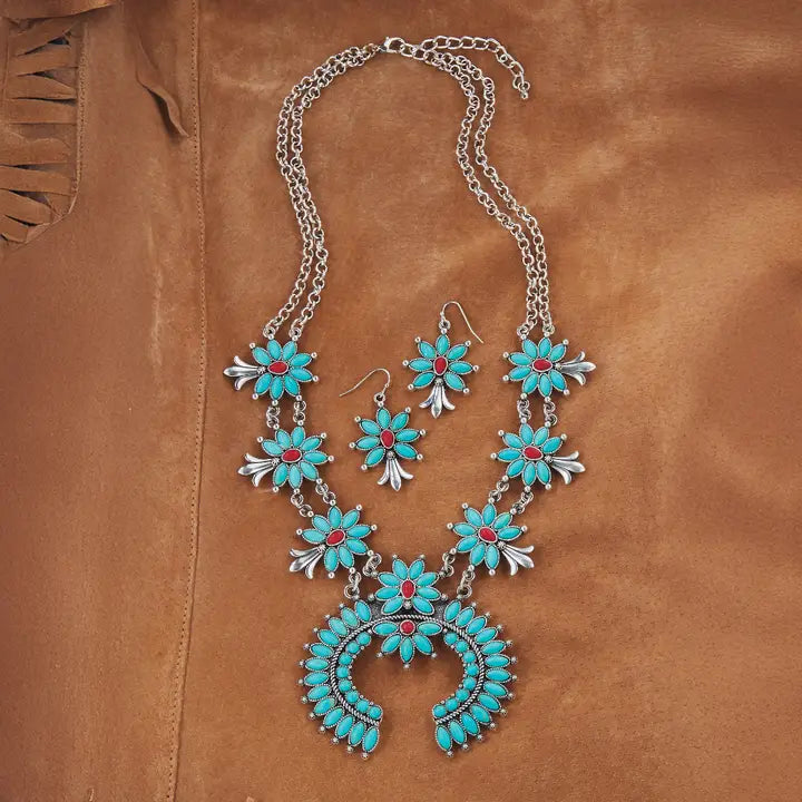 Blue Turquoise & Red Accent Squash Blossom Necklace & Earrings Set