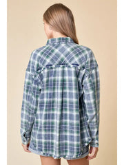 Sasha Washed Denim Plaid Button Down Shirt with Frayed Hem