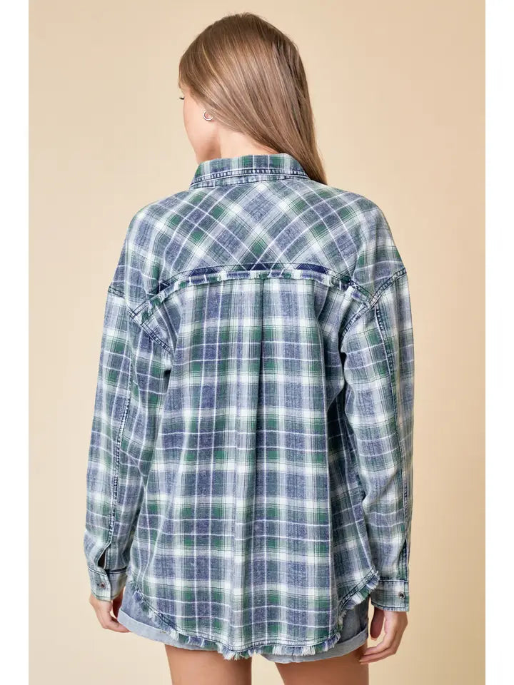 Sasha Washed Denim Plaid Button Down Shirt with Frayed Hem