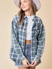 Sasha Washed Denim Plaid Button Down Shirt with Frayed Hem