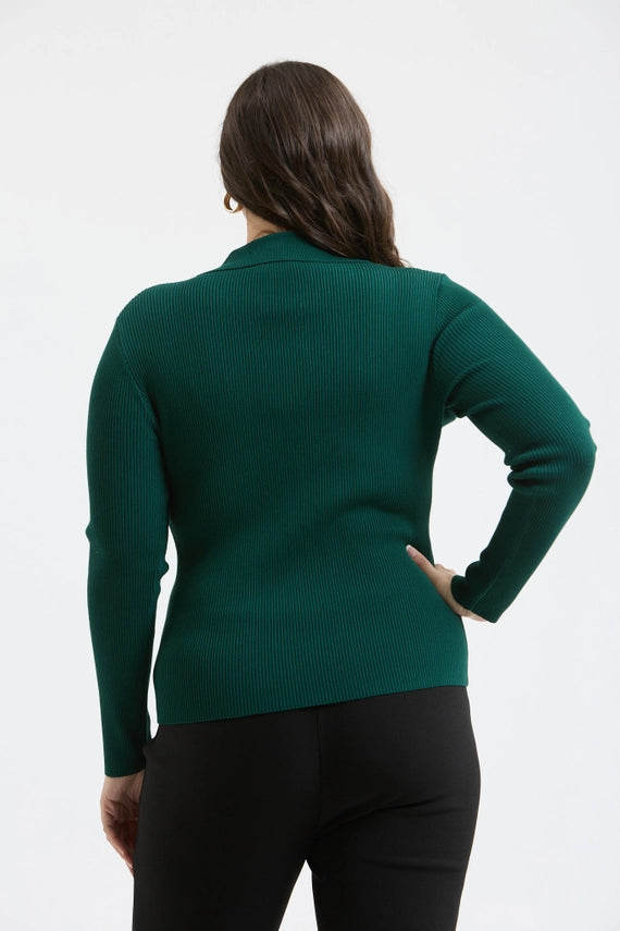 Evelia Collared Gold Snap Long Sleeve Knit Top