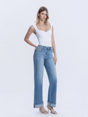 Enigma High Rise Full Length Cuffed Wide Leg Jeans