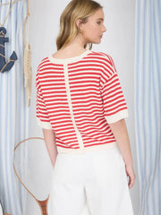 Stripe a Pose Contrast Trim Short Sleeve Striped Knit Sweater
