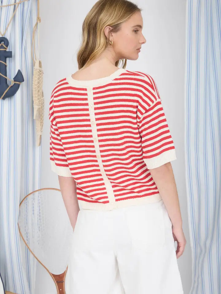 Stripe a Pose Contrast Trim Short Sleeve Striped Knit Sweater