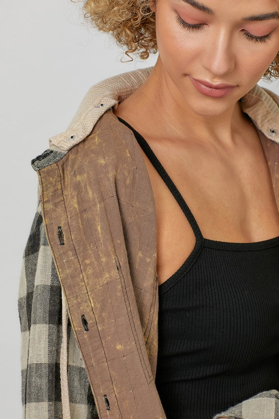 Treva Checked Plaid Mix Hooded Shacket Shirt