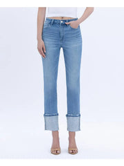 Hollywood BLING High Rise Rhinestone Cuffed Slim Straight Ankle Cropped Jeans