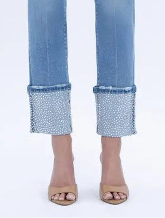 Hollywood BLING High Rise Rhinestone Cuffed Slim Straight Ankle Cropped Jeans