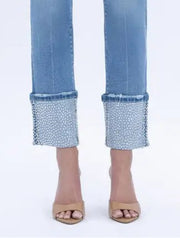 Hollywood BLING High Rise Rhinestone Cuffed Slim Straight Ankle Cropped Jeans
