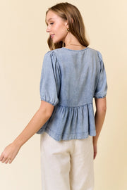 Mirella Chambray Puff Sleeve Bow-Tie Front Peplum Top