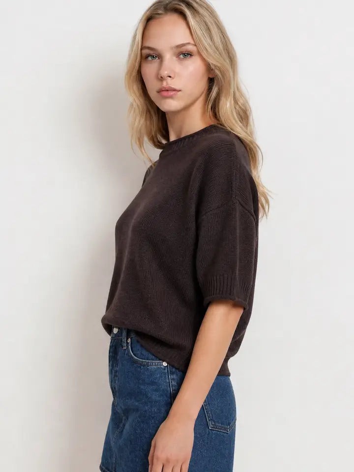 Cora Exposed Seam Drop Shoulder Half Sleeve Sweater Knit Top
