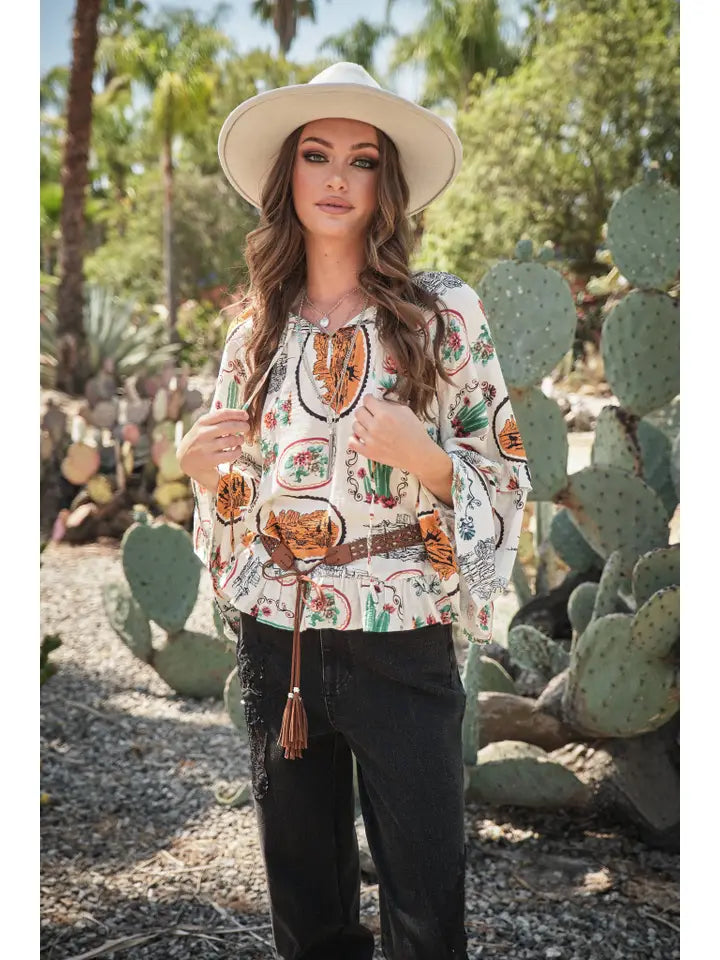 Desert Frames Flare Sleeve Blouse Top
