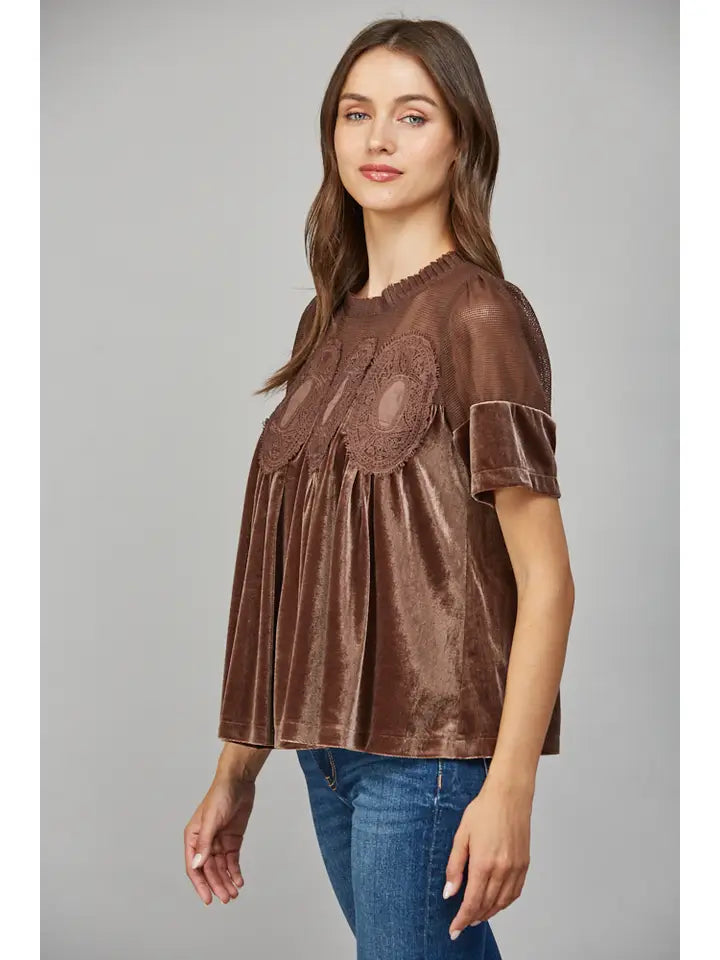 Veda Mesh Lace Applique Velvet Peplum Top by FATE