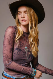 Rodeo Printed Mesh Long Sleeve Fitted Top