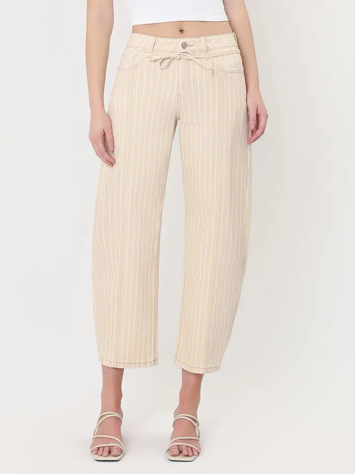 Stryker High Rise Seamed Stripe Cropped Barrel Jeans with Tie Waist
