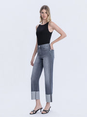 Pokerface High Rise Dark Grey Cuffed Slim Wide Jeans