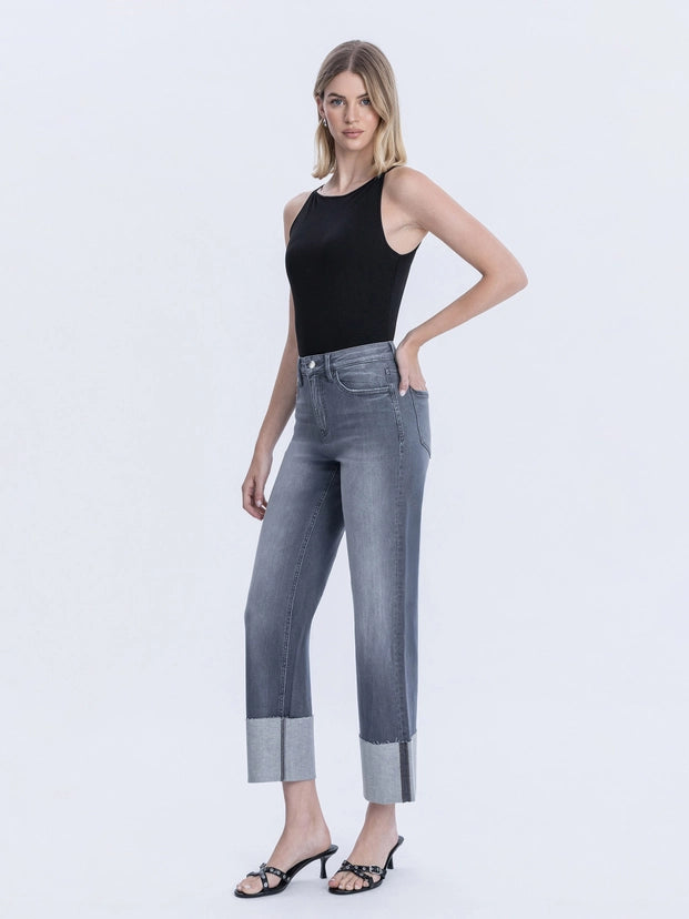 Pokerface High Rise Dark Grey Cuffed Slim Wide Jeans