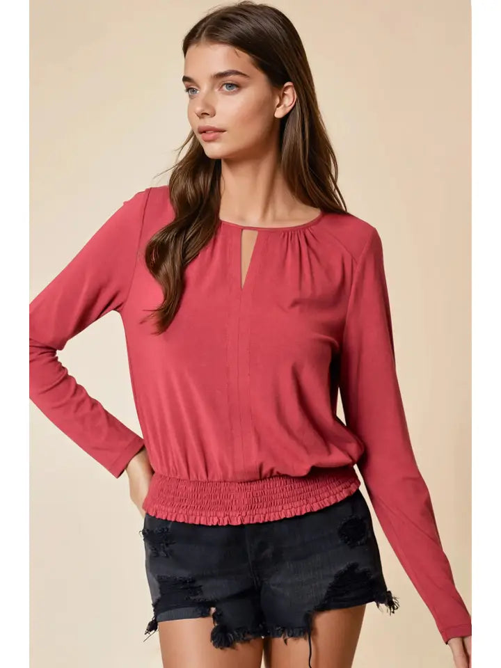 Carole Smocked Waist Long Sleeve Knit Blouse