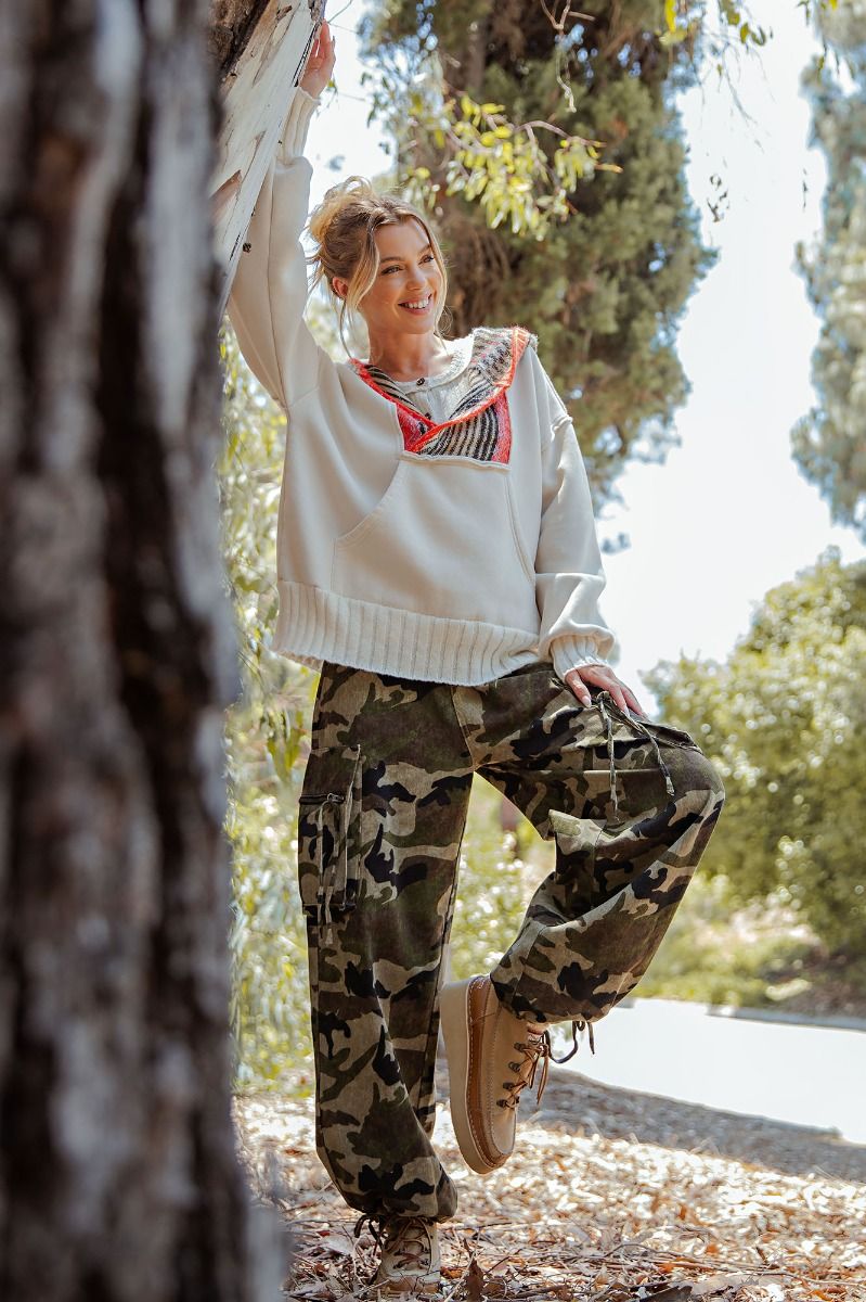 Camo Print Washed Cargo Pants