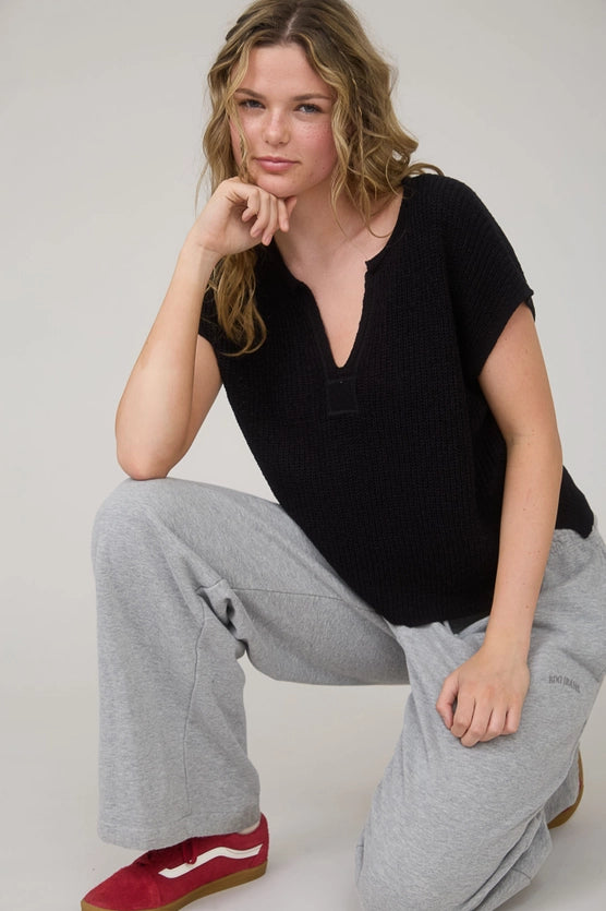 Alana Split Neck Cap Sleeve Ribbon Knit Pullover