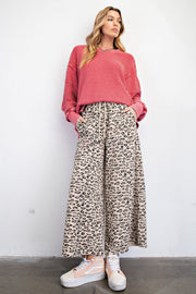 Ezra Leopard Print Mineral Washed Terry Wide Leg Knit Pants