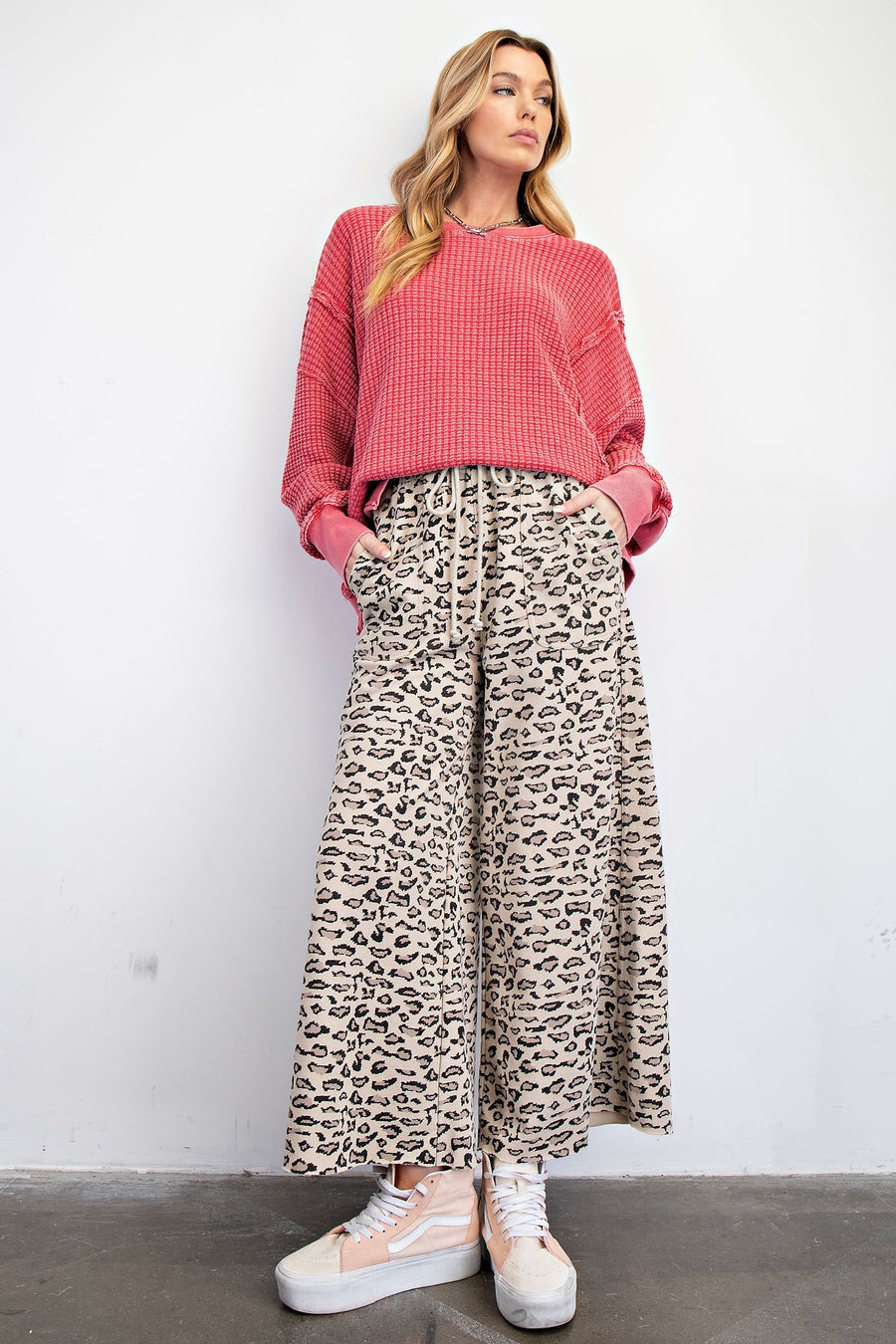 Ezra Leopard Print Mineral Washed Terry Wide Leg Knit Pants