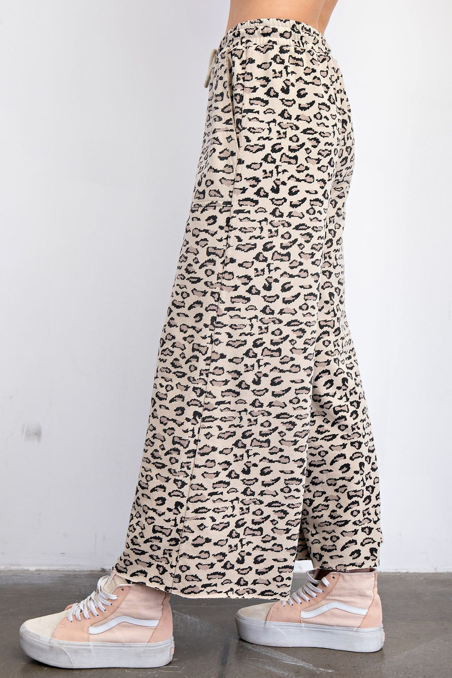 Ezra Leopard Print Mineral Washed Terry Wide Leg Knit Pants