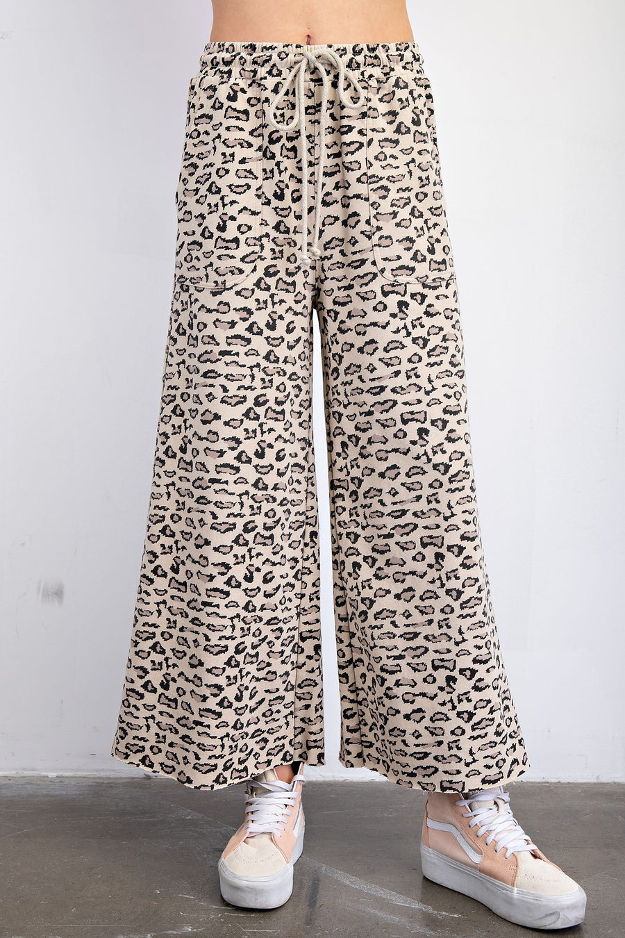 Ezra Leopard Print Mineral Washed Terry Wide Leg Knit Pants