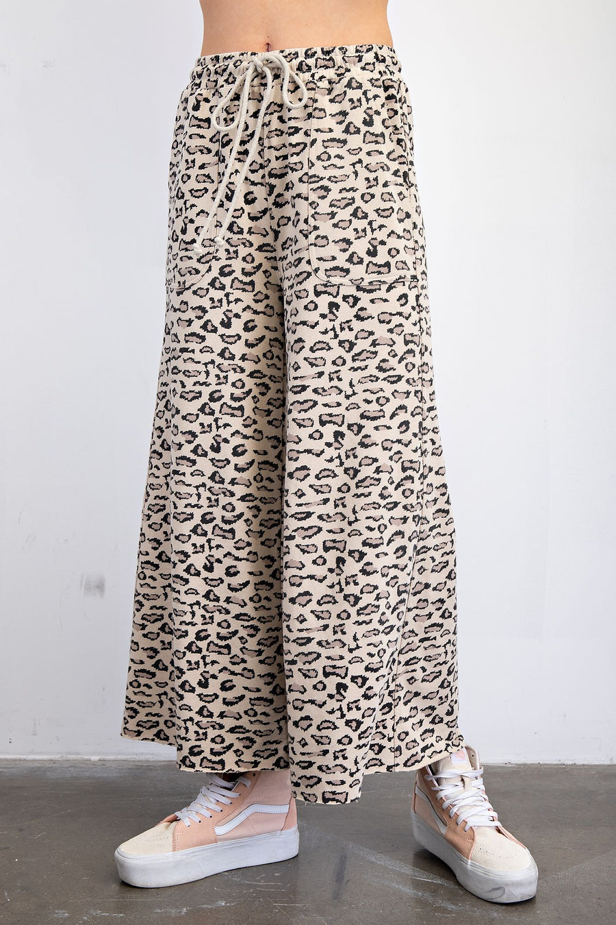 Ezra Leopard Print Mineral Washed Terry Wide Leg Knit Pants