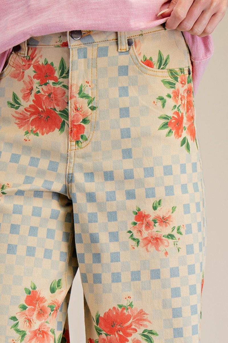 Havana Checkerboard Floral Wide Leg Twill Pants